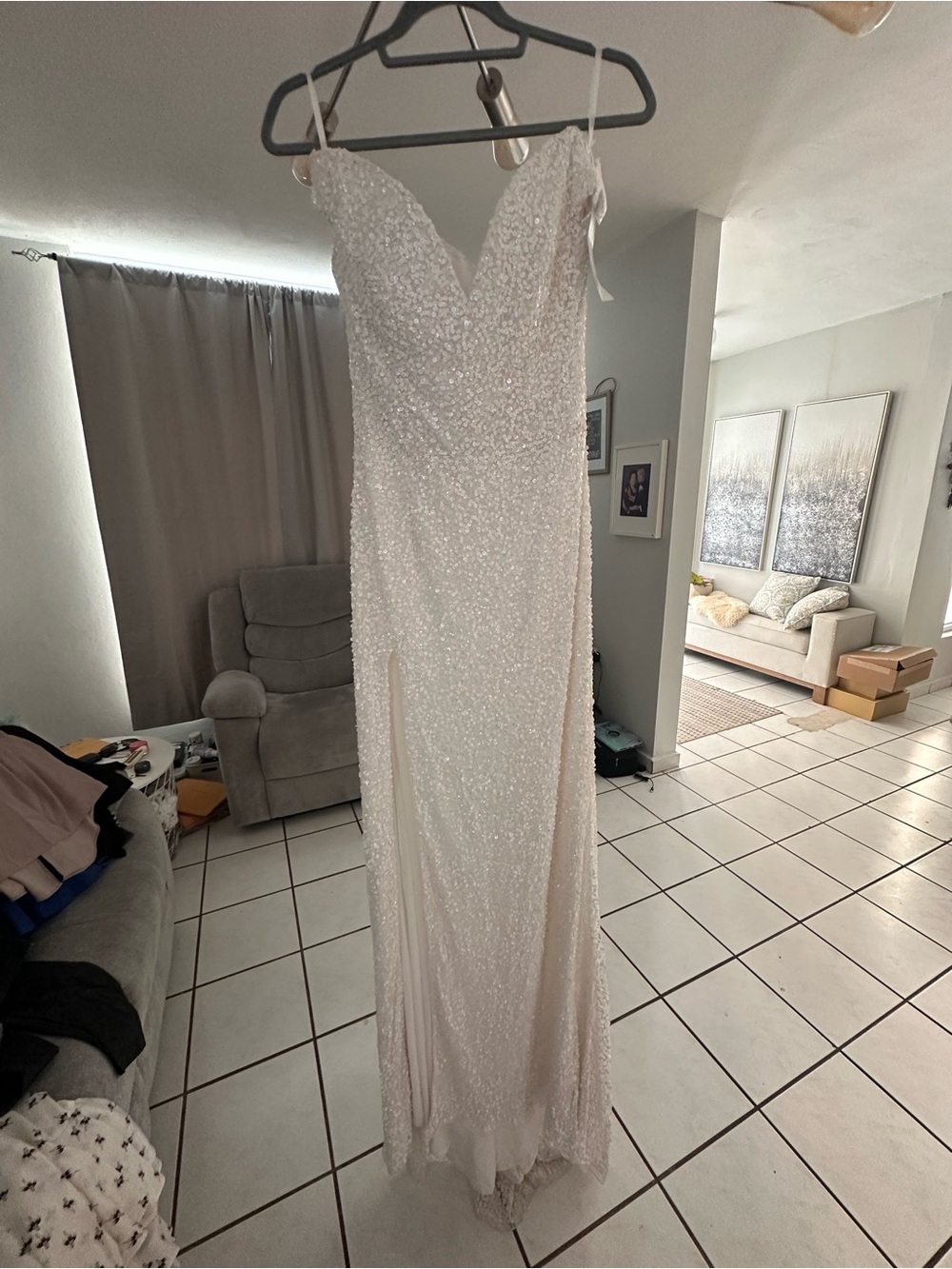 White iridescent Sequin princess cut Wedding Gown with V-Neck